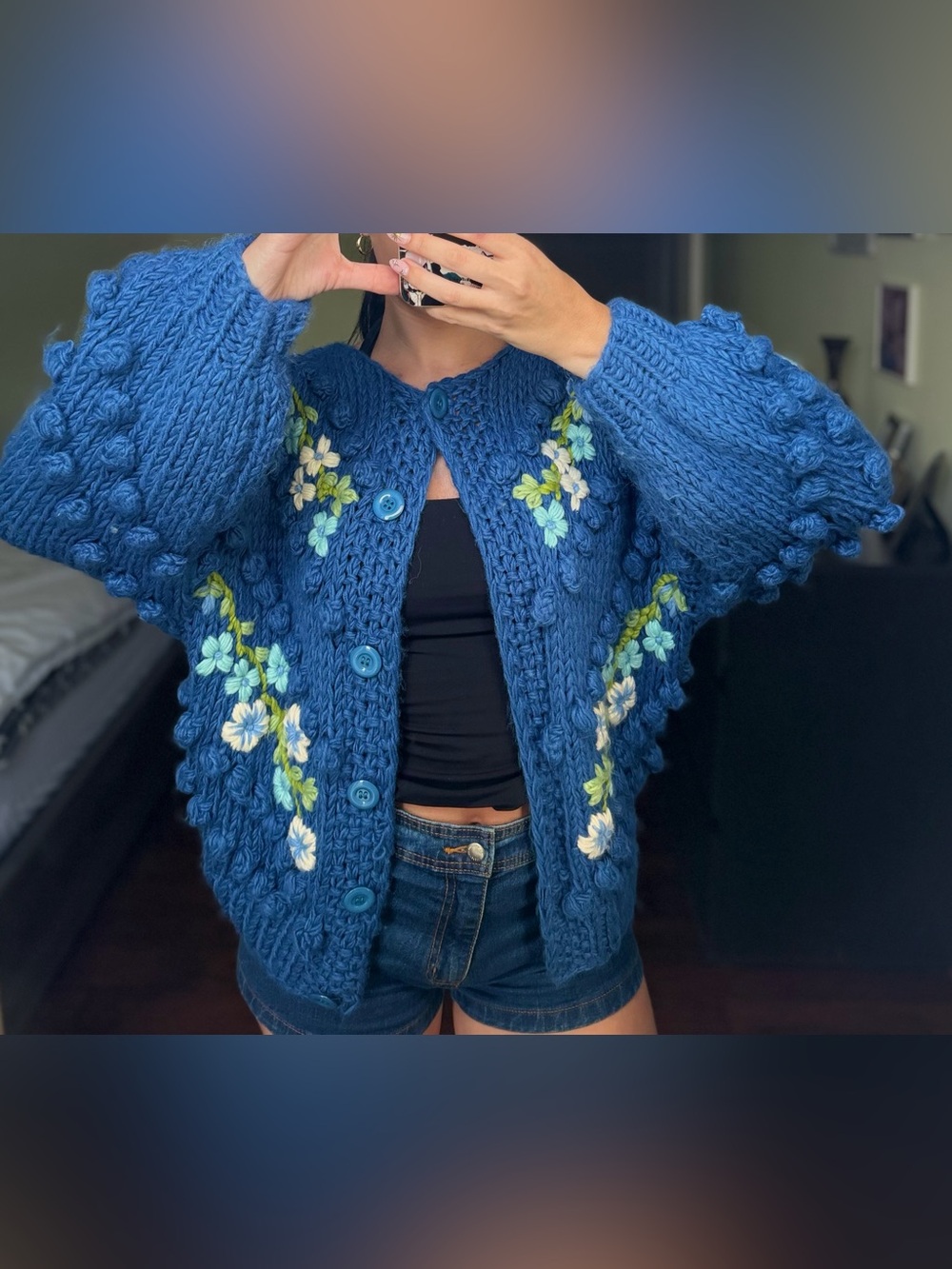 Blue Floral Hand-Knit Chunky Cardigan Sweater